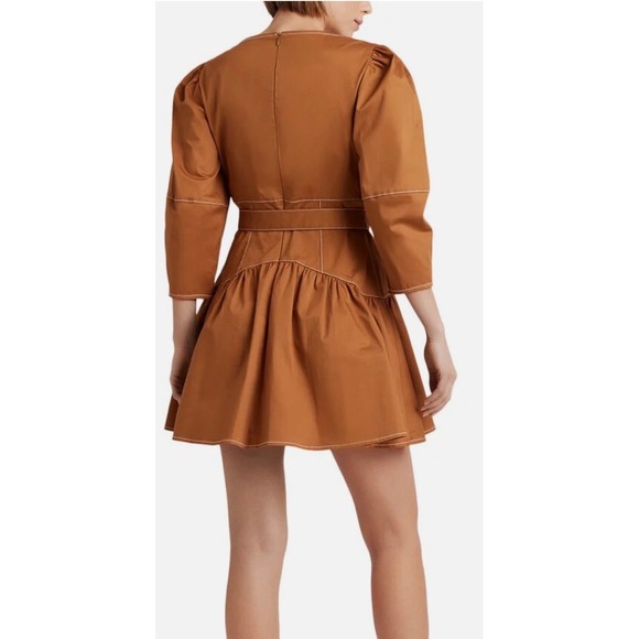 Cinq a Sept Khloe Mini Dress Ochre Brown Contrast Stitch Puff Sleeve Belted 12 - Picture 4 of 10